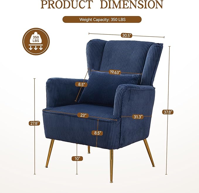 Corduroy Accent Living Room Arm Chair Set of 2 Mid Century Modern Chairs with Pillow & Golden Legs, 8.5" Thick Cushion, Upholstered Comfy Sofa Armchair for Reading Room/Bedroom, Blue