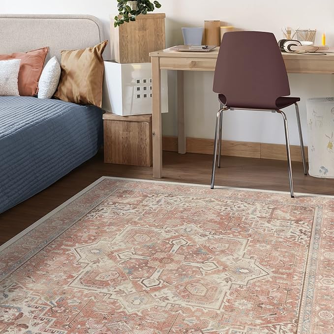 RUGGABLE Washable Area Rug – Kamran Rose Pink 6x9, Stain-Resistant, Non-Slip – Medium Machine Washable Rugs for Living Room, Bedroom, Hallway, Entryway & Office–with Standard Pad
