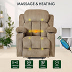 FLEXISPOT XL31 Power Lift Recliner Chair for Elderly, Electric Lift Chair with Massage & Heat, Corduroy Reclining Sofa w/Cup Holders, Side Pockets for Living Room Bedroom(Medium Size,Khaki)