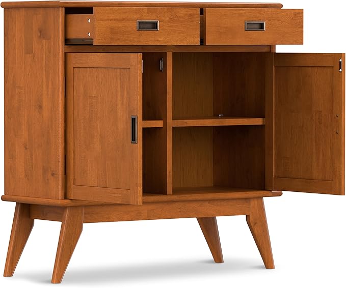 SIMPLIHOME Draper Solid Hardwood 36 inch Wide Mid Century Modern Entryway Storage Cabinet in Teak Brown for The Living Room, Entryway and Family Room