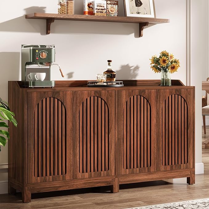Tribesigns 57" Buffet Cabinet with Storage, Walnut Farmhouse Sideboard Cabinet with Doors & Shelves, Freestanding Wooden Accent Sideboard for Dining Room, Kitchen, Living Room