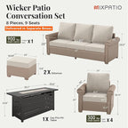 Patio Furniture Set 8 pcs, Wicker Outdoor Patio Furniture, 3-Seat Sofa, 4 Single Chairs, 2 Ottomans and 56" Gas Fire Pit Table, Rattan Patio Conversation Set for Backyard Deck, Beige