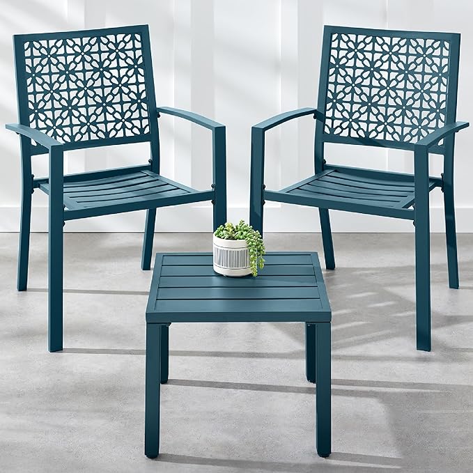 Best Choice Products 3-Piece Outdoor Bistro Set, Stackable Modern Steel Furniture for Porch, Garden w/ 2 Chairs, Table, Geometric Decor - Peacock Blue