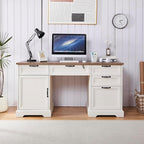 60" Farmhouse Executive Desk with Charging Station,Home Office Desk with 4 Drawers & 1 Cabinet&1 File Cabinet,Main Drawer with Lock,Wood Desk for Office and Home