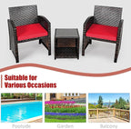 COSTWAY 3 Pieces Patio Furniture Sets, Outdoor Rattan Conversation Set with Tempered Glass Tabletop and Soft Cushion, Wicker Cushioned Chair Sofa for Backyard, Porch, Poolside, Lawn, Red