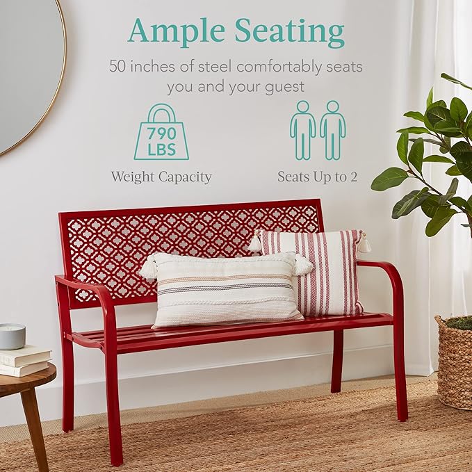 Best Choice Products Outdoor Bench 2-Person Metal Steel Benches Furniture for Garden, Patio, Porch, Entryway w/Geometric Backrest, 790lb Capacity - Rose Red