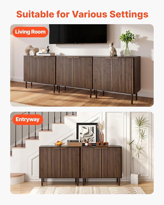 VEVOR Fluted Cabinet, Buffet Cabinet with 2-Tier Storage, Coffee Bar Cabinet with Adjustable Shelves, Sideboard Buffet for Hallway, Entryway, Living Room, or Kitchen, Walnut