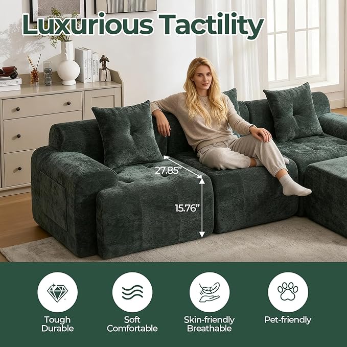 129.23”Modular Sectional Couch for Living Room, Modren L-Shape Cloud Sectional 4-Seater Sofa with Movable Ottoman, Woven Texture Upholstery Boneless Couch, No Assembly, Green