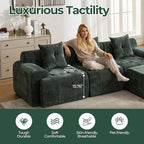 129.23”Modular Sectional Couch for Living Room, Modren L-Shape Cloud Sectional 4-Seater Sofa with Movable Ottoman, Woven Texture Upholstery Boneless Couch, No Assembly, Green