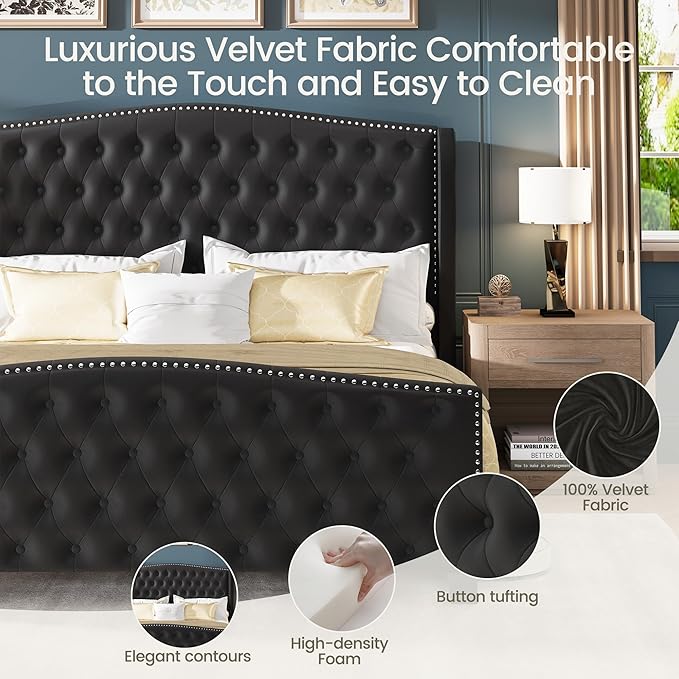 LARMACE King Size Bed Frame Velvet Upholstered Platform Bed with Wingback Headboard & Footbaord, Deep Button Tufted Bed Frame with Wood Slats Support, No Box Spring Needed, Black