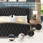 LARMACE King Size Bed Frame Velvet Upholstered Platform Bed with Wingback Headboard & Footbaord, Deep Button Tufted Bed Frame with Wood Slats Support, No Box Spring Needed, Black