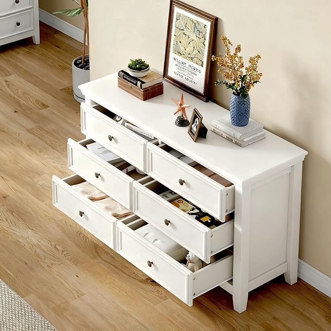 White Dresser for Bedroom 6 Drawers Dresser - 47.2" Wide 6 Chest of Drawers Storage Double Cabinet as Bedfoot Organizer & Wardrobe Cabinet