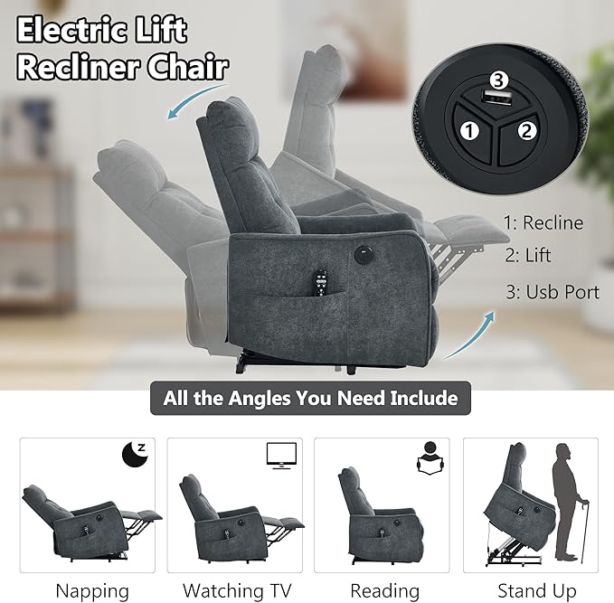 PELUMY Manual Lift Recliner Chair with Massage and Heat for Elderly, Single Motor Electric Lift Chair, Heavy Duty Recliner with USB Charging & Side Pockets (Chenille, Grey)