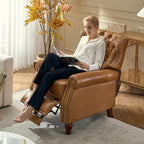 HULALA HOME Genuine Leather Manual Recliner Chair, Adjustable Tufted Push Back Reclining Sofa Armchair with Rivet Decoration & Solid Wood Legs, Modern Living Room Home Theater Seating, Camel
