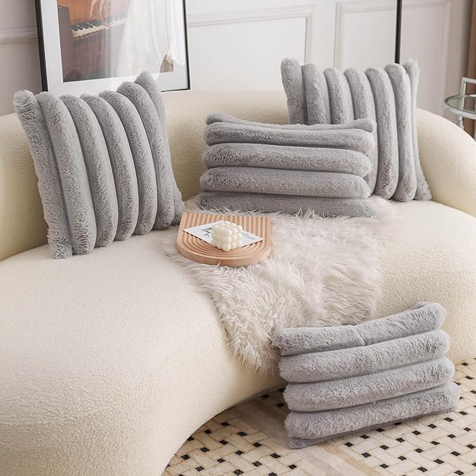 Neelvin Grey Faux Fur Cozy Soft Striped Decorative Throw Pillow Covers 20x20 inch Set of 2,Velvet Pillowcase Cushion Case for Sofa Couch