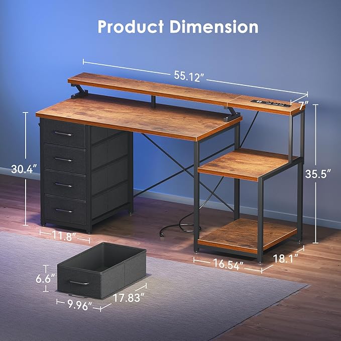 ODK 55 Inch Computer Desk with 4 Drawers, Office Desk with Power Outlets, Printer Shelf & Storage Shelves, Large Writing Study Table for Home, Bedroom, Study or Gaming Setup, Vintage