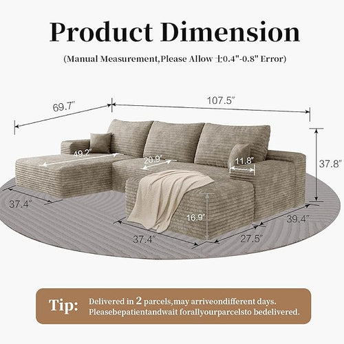 107.5" Compressed Boneless Couch with Ottoman, 2 Seater Large U Shaped Sectional Couches for Living Room, Camel Corduroy Cloud Modular Sectional Sofa, Memory Foam, No Assembly，Light Facing Chaise