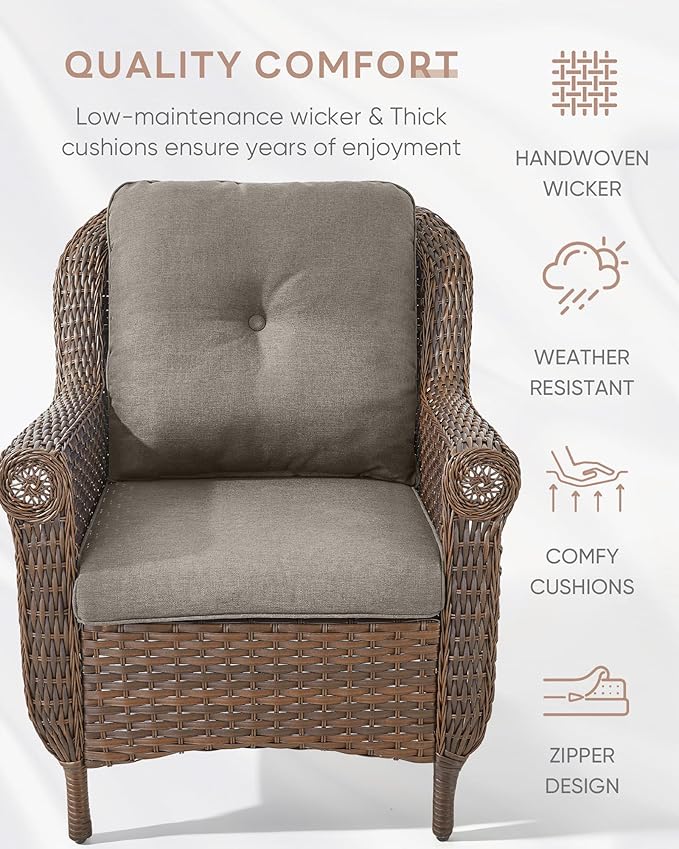 Outdoor Patio Chairs with Fire Pit Table 5 Piece Set - High Back Brown Wicker Rattan Lawn Chair with Thick Cushion for Porch Apartment Deck Yard Poolside Garden - Grey