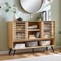 RedLemon 46" Entryway Table, Mid Century Modern Console Table with Slatted Sliding Door, Storage Shelf Wood Sofa Table Behind Couch for Hallway, Living Room, Foyer, Natural Oak