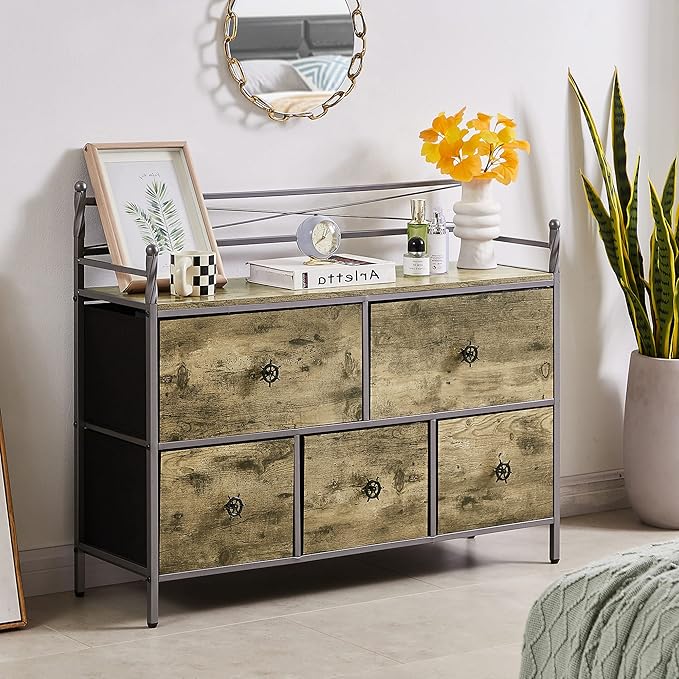 VECELO Dresser TV Stand for Bedroom with 5 Fabric Drawers, Entertainment Center for 32/40/43 in TVs, Media Console Table with Storage, Open Shelf, Adjustable Feet, Living Room Furniture, Rustic Gray