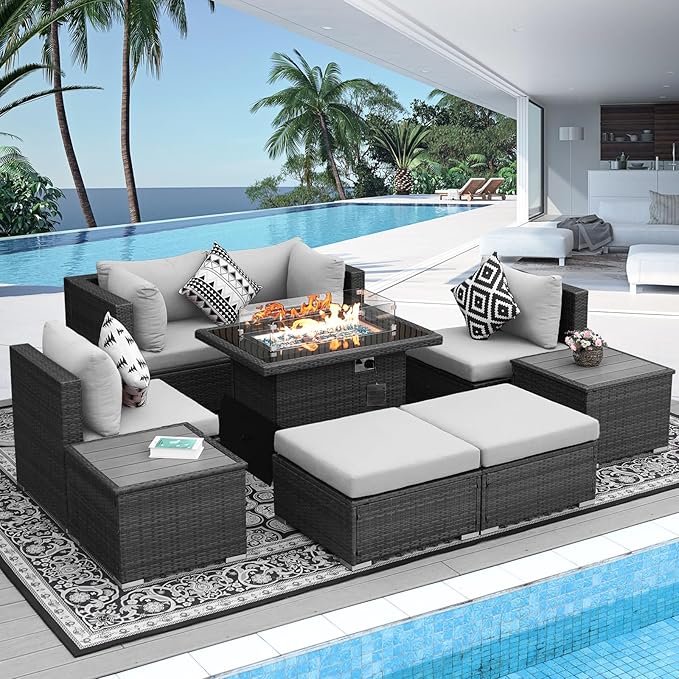 NICESOUL 9 Piece Outdoor Patio Sofa Set with Fireplace Natural Gas/Propane, 29.3'' High Back Comfy Sectional, Oversized Deep Seating Wicker Conversation, XL Big Outside Furniture for Backyard, Gray
