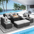 NICESOUL 9 Piece Outdoor Patio Sofa Set with Fireplace Natural Gas/Propane, 29.3'' High Back Comfy Sectional, Oversized Deep Seating Wicker Conversation, XL Big Outside Furniture for Backyard, Gray