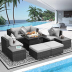 NICESOUL 9 Piece Outdoor Patio Sofa Set with Fireplace Natural Gas/Propane, 29.3'' High Back Comfy Sectional, Oversized Deep Seating Wicker Conversation, XL Big Outside Furniture for Backyard, Gray