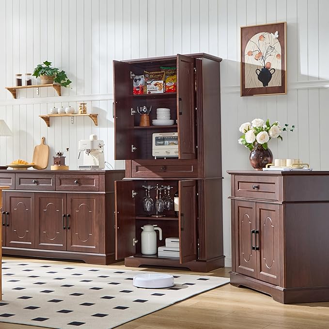 Farmhouse Storage Cabinet with 2 Doors and 1 Drawer, Adjustable Shelf, Freestanding Kitchen Pantry Cabinet, Modern Buffet Sideboard Coffee Bar Cabinet Living Room Bathroom Dining Room Cherry