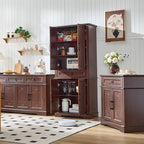 Farmhouse Storage Cabinet with 2 Doors and 1 Drawer, Adjustable Shelf, Freestanding Kitchen Pantry Cabinet, Modern Buffet Sideboard Coffee Bar Cabinet Living Room Bathroom Dining Room Cherry
