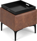 SIMPLIHOME Natasha 18 inch Wide Contemporary Square Mid Century Storage Ottoman with Tray in Distressed Saddle Brown Vegan Faux Leather, Assembled, For the Living Room, Entryway and Family Room
