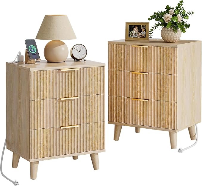Lulive Wood Night Stand Set 2 Fluted Dresser for Bedroom 3 Drawers End Tables Nightstand with Charging Station, Storage Modern Side Table Natural
