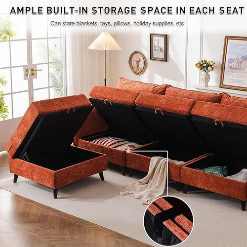 135'' Modular Sectional Sofa with All Seats Storage, Oversized L Shaped Couch for Living Room,4-Seater Comfy Cloud Couches with Movable Ottoman,Big Sectional for Bedroom,Velet,Orange