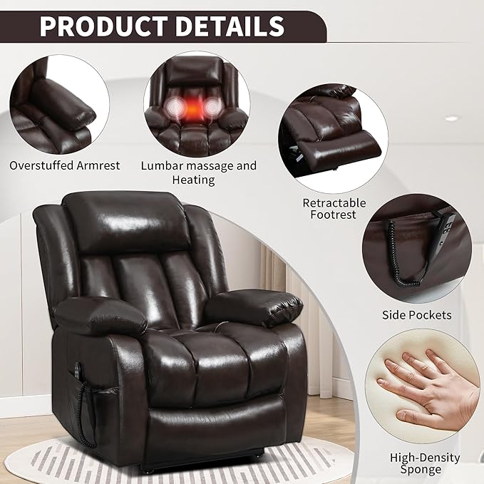 Recliner Chairs for Adults, Power Lift Chair for Elderly, Oversized Bedroom Chair with Massage&Heat, Leather Nursery Glider Chair for Living Room, Sofa Chair Home Theater Seating with Lumbar Support
