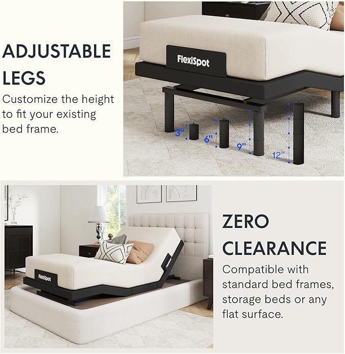FLEXISPOT Adjustable Bed Frame Base Twin XL, Massage, Zero Clearance, Quick Assembly, Under-Bed Lights,Whisper Quiet Durable Motor, Zero Gravity, Mattress Holder, Anti-Snore, Wireless Remote.