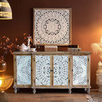Accent Cabinet with 4 Doors, Hollow Carved Storage Sideboard, Wood Buffet Cabinet for Living Room, Dining Room, Entryway (4-Door 3 Compartment)