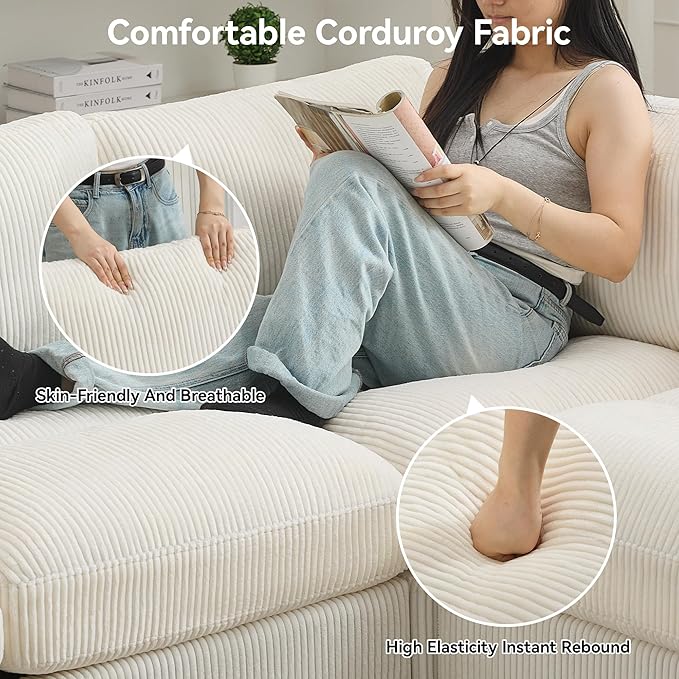 87'' V-Shaped Sectional Sofa Couch, 5-Seater Modular Couches for Living Room, Corduroy Deep Seat Cloud Sofa with Center Stitched, Beige