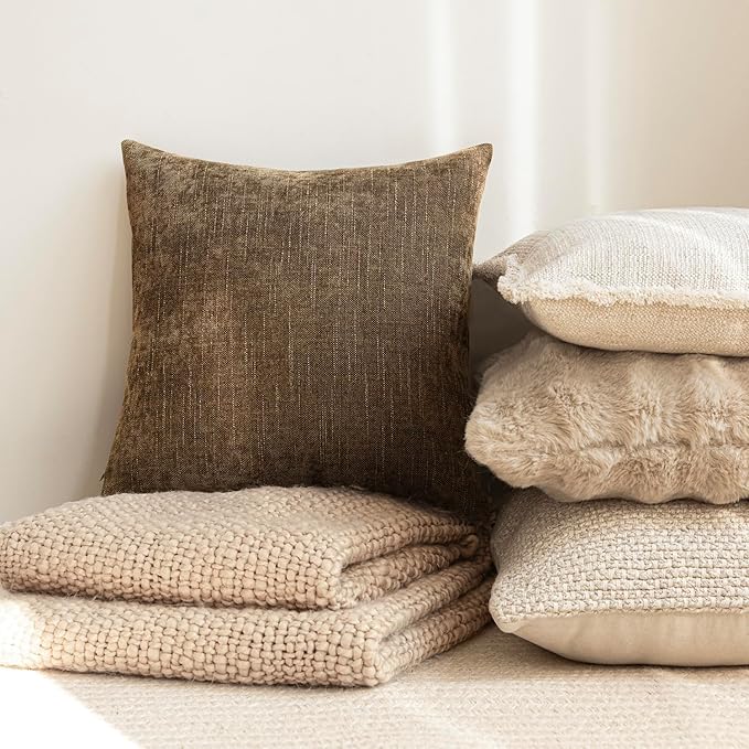 Foindtower Pack of 2 Soft Textured Chenille Throw Decorative Pillow Covers Square Accent Solid Cushion Cover Neutral Farmhouse Pillow Case for Couch Sofa Bedroom Living Room 20x20 Inch,Taupe Brown