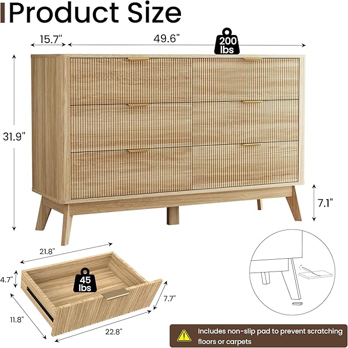 Fluted Dresser for Bedroom,49.6'' Modern Wooden Dresser with 6 Drawers, Bedroom Dressers, Natural Wood Chest of Drawers for Living Room, Hallway (Oak)