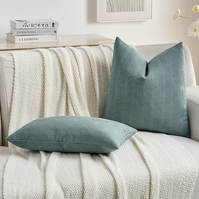 FUTEI Grey Blue Chenille Decorative Throw Pillow Covers 16x16 Inch Set of 2,Soft Cozy Striped Geometric Patterns Cushion Case,Modern Home Decor for Couch Bed Living Room