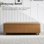 51" Faux Leather Storage Ottoman, Stitch Tufted Rectangle Upholstered End of Bed Storage Bench, Entryway Large Couch Ottoman with Wooden Legs, Light Brown