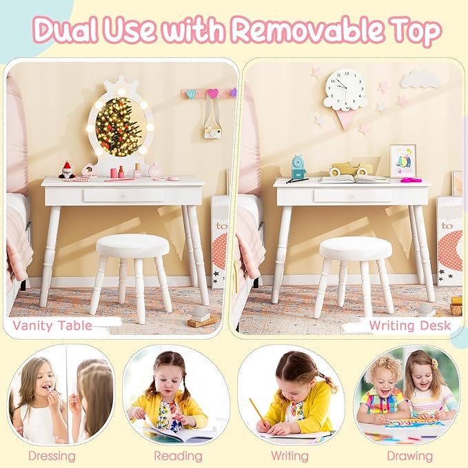 Costzon Kids Vanity, Girls Vanity Set with Mirror and Stool and Lights, Drawer, 2 in 1 Wooden Toddler Makeup Vanity Desk Dressing Table, Kids Vanity Table and Chair Set (White)