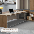 Premium Executive Desk, Modern L Shape Office Executive Desk with Drawers, Lockable Storage & Cable Management (Champagne Wood Grain+Beige/Right,79" L*63" W*30" H)