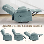 Adult 360° Swivel Rocking Recliner, Baby Room Glider Recliner with Massage and Heating, Rocking Chair with Cup Holder, Living Room and Bedroom Manual Chair (Fabric, Lake Blue)