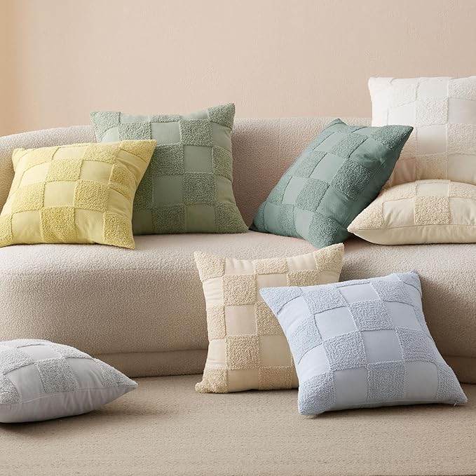 Double Stitch 100% Cotton Throw Pillow Covers - Set of 2 Checkered Tufted Boho Decorative Pillow Covers 20x20, Made in India, Square Cushion Case, Modern Home Decor for Couch, Sofa, Living Room, Oat