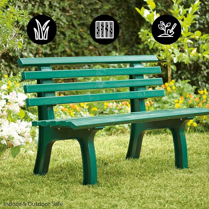 Plow & Hearth Weatherproof German PVC Outdoor Bench | Holds Up to 500 lbs | Garden Patio Porch Park Deck | Steel and Resin | Green