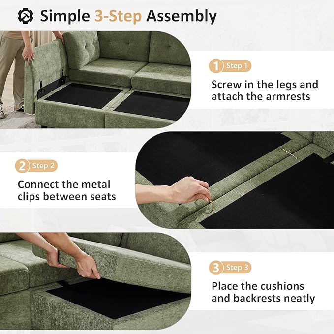 VANOMi 5 Seat Cloud Couches for Living Room with Ottoman, Convertible Modular Sectional Sofa Bed, Chenille Cloud Sofas & Couches for Apartment, Office, Olive Green, Sofa Bed