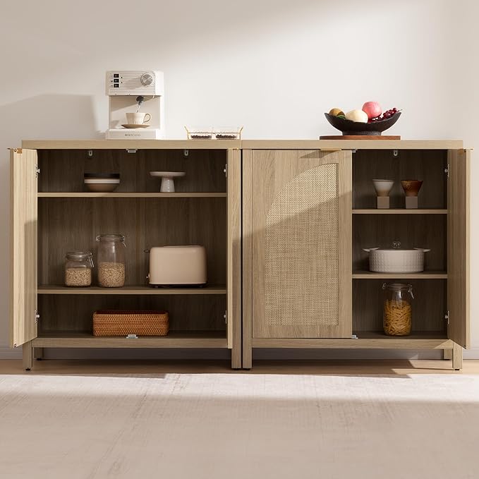 SICOTAS 102"W Rattan Sideboard Buffet Cabinet Set of 3, Mid Century Modern Credenza Storage Cabinet with Arch Doors & Shelves Boho Coffee Bar Media Console Cabinets for Kitchen, Living Room, Entryway