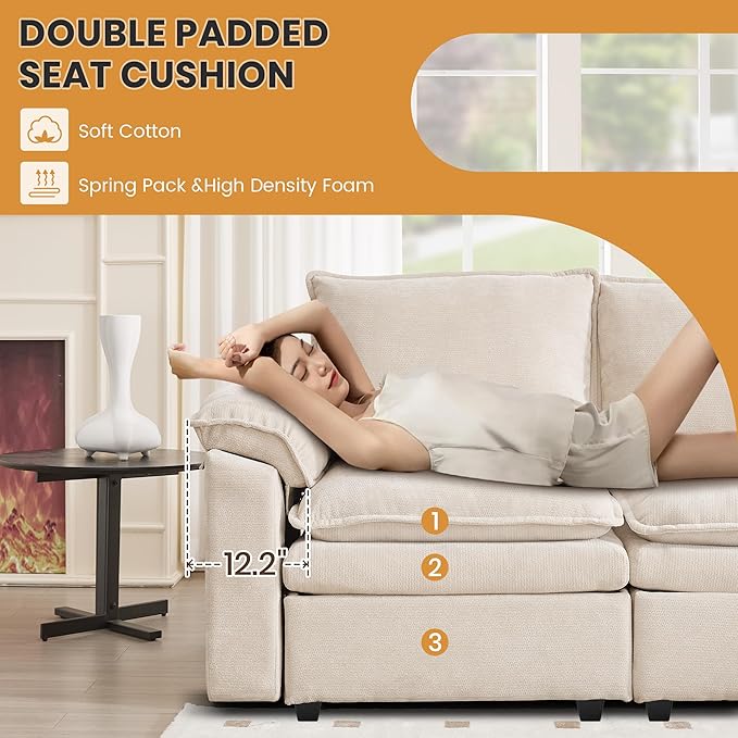 100" L Shaped Modular Sectional Sofa, Couch with Ottoman Storage, Chenille Cloud Couch with Plush Deep Seating for Living Room, Bedroom (Beige, 4 Seat)