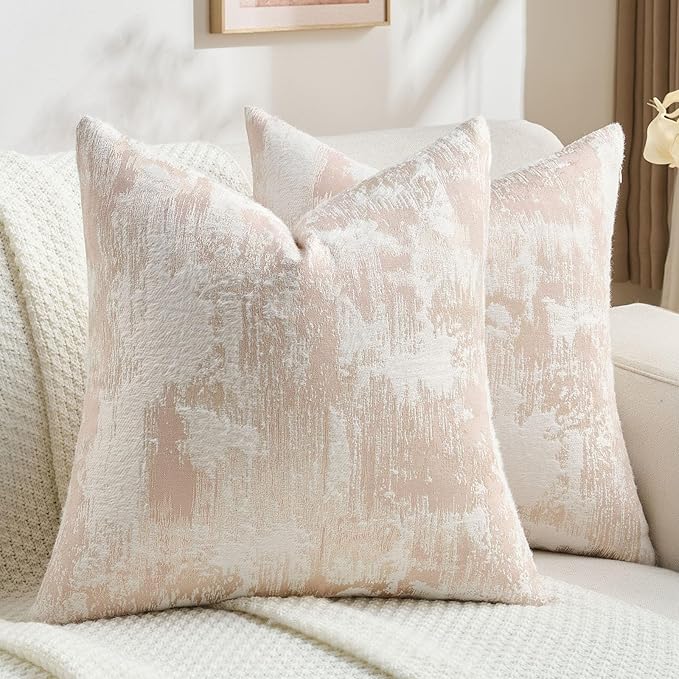FUTEI Pink White Decorative Throw Pillow Covers 24x24 Inch Set of 2,Soft Faux Cashmere Jacquard - Textured & Cozy Euro Pillow Shams,Modern Home Decor for Couch Bed Living Room