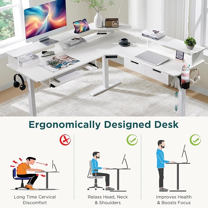 RedLemon 60 Inches L Shaped Electric Standing Desk, Height Adjustable Corner Gaming Desk with Drawers, Keyboard Tray, Power Outlets & LED Lights, Computer Desk with Monitor Shelf, Antique White